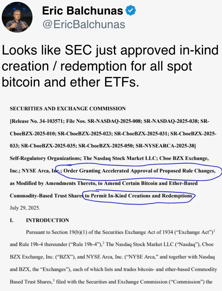 Looks like SEC just approved in-kind creation / redemption for all spot bitcoin and ether ETFs.