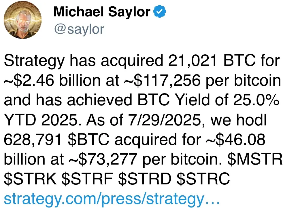 Strategy has acquired 21,021 BTC for ~$2.46 billion at ~$117,256 per bitcoin