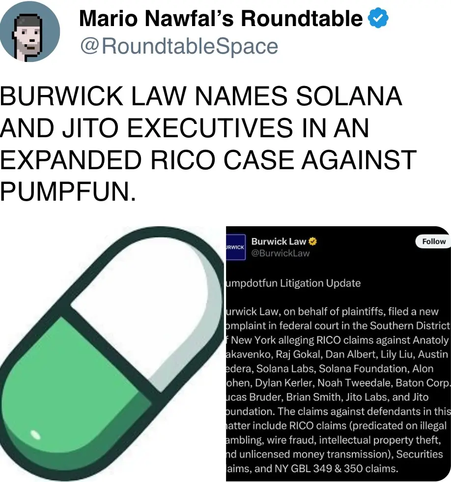 BURWICK LAW NAMES SOLANA AND JITO EXECUTIVES IN AN EXPANDED RICO CASE AGAINST PUMPFUN.