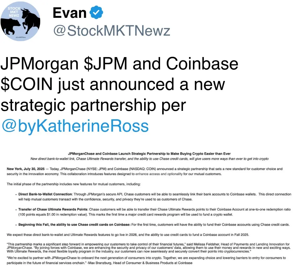 JPMorgan $JPM and Coinbase $COIN just announced a new strategic partnership