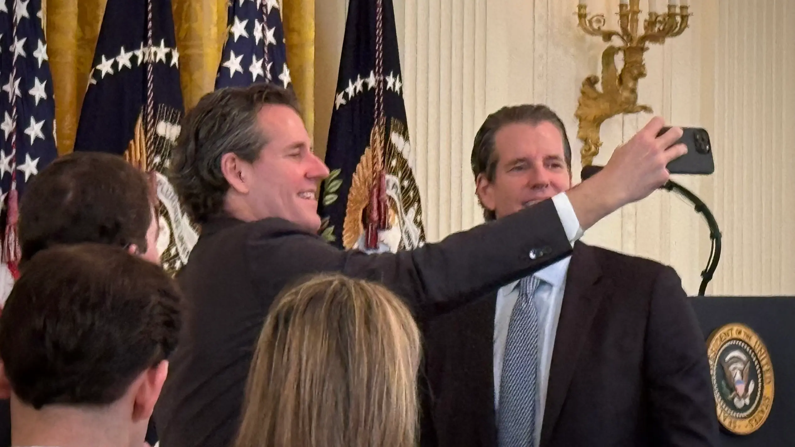 Cameron and Tyler Winklevoss at the White House on July 18, 2025. \(Jesse Hamilton/CoinDesk\)